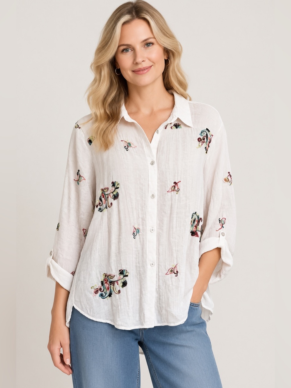 Anthropologie Fig and Flower Cream Embroidered Button up Long Sleeve Top XL